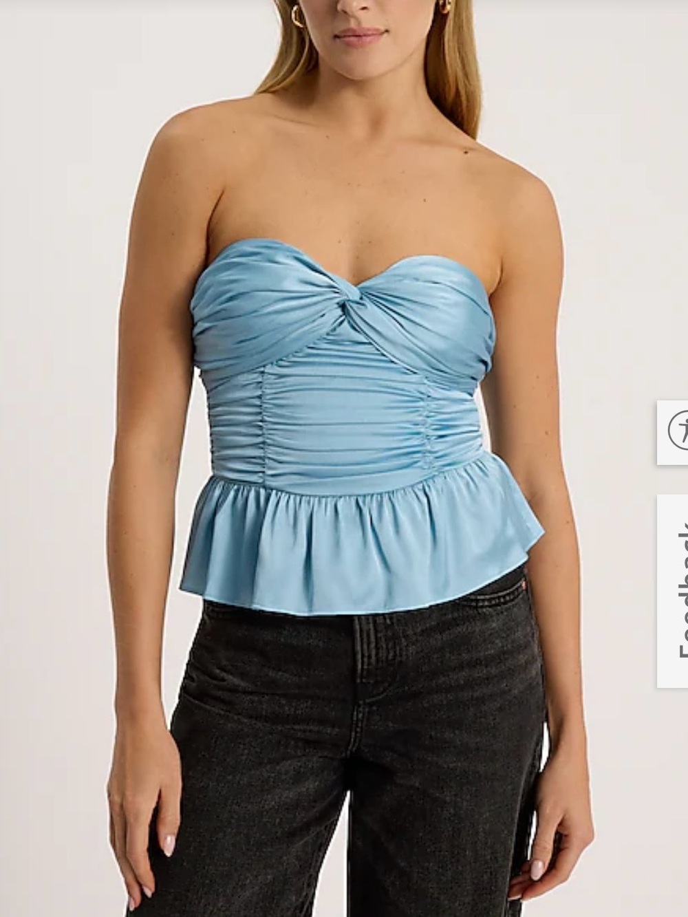Strapless Ruched Peplum Top in Light Blue